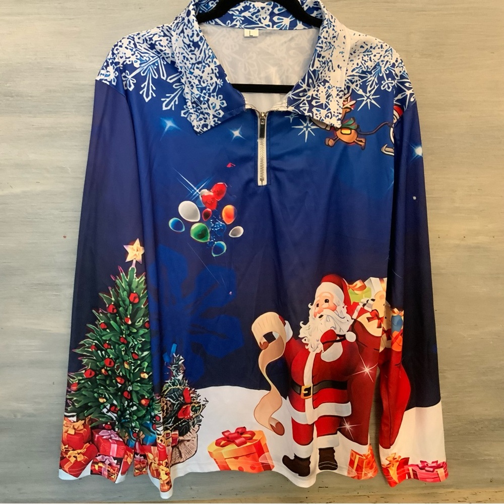 Christmas Pullover Collared Santa Shirt Large Like New